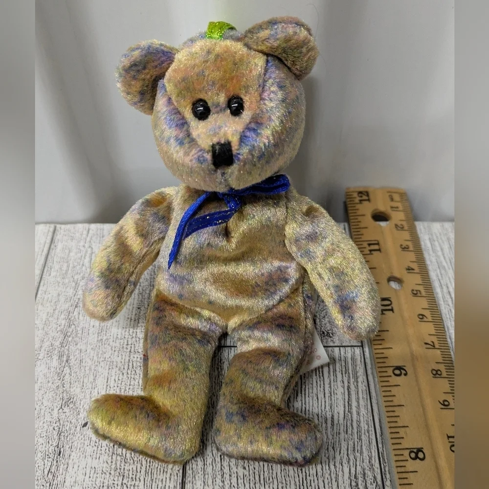 Ty Clubby 111 Multicolor Plush Bear with Blue Bow